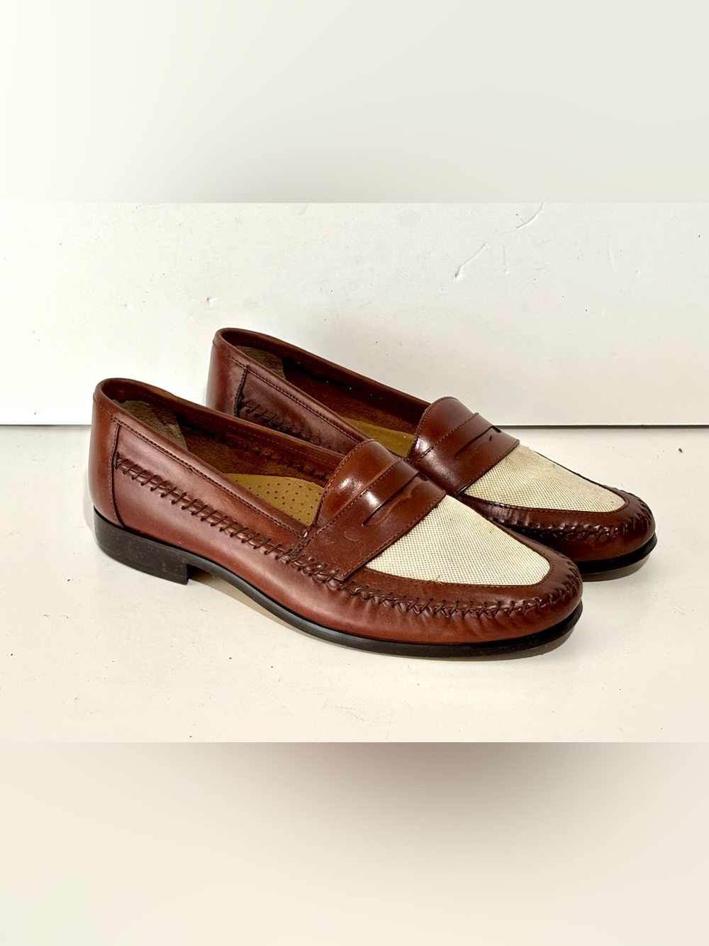 Giorgio Brutini Brown Leather & Cream Fabric Penny Loafers Size 10 M